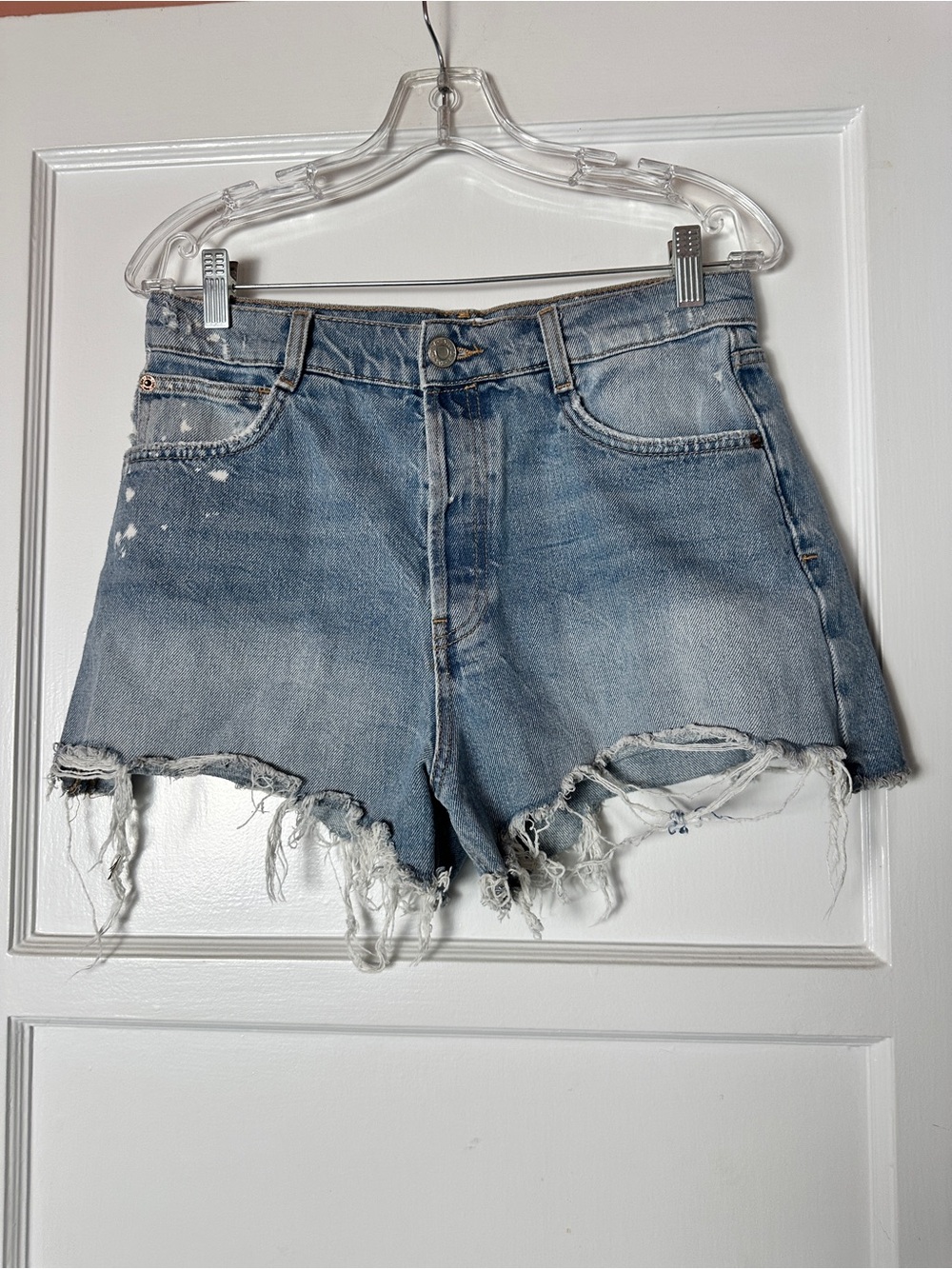 Zara Light Blue Frayed Straight-Leg Denim Shorts